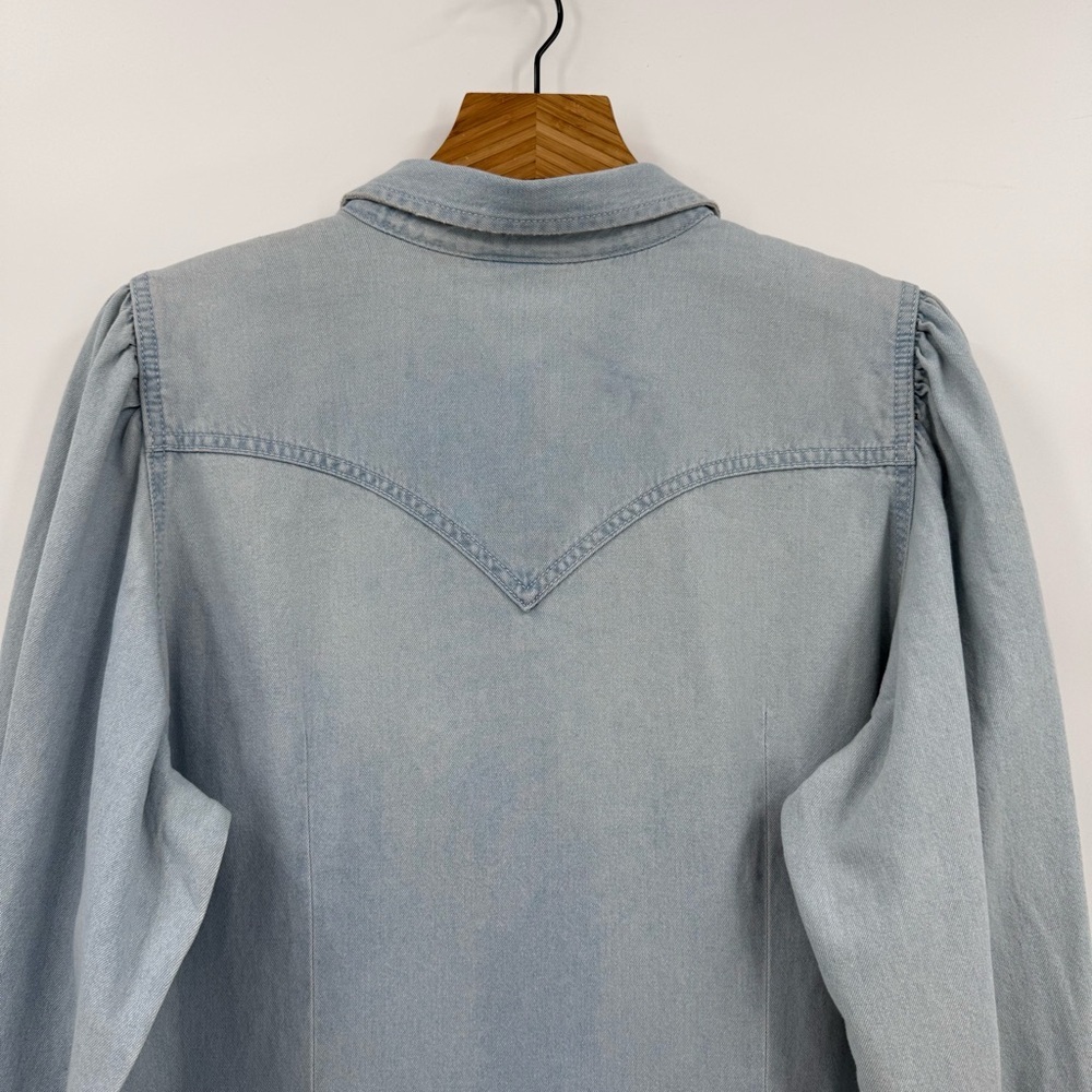 WRANGLER Retro Poet Puff Sleeve Pearl Snap Shirt Denim Rodeo In Light Wash XL - Picture 14 of 15